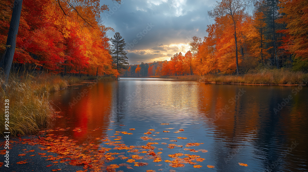 Obraz premium 秋の穏やかな川辺の風景