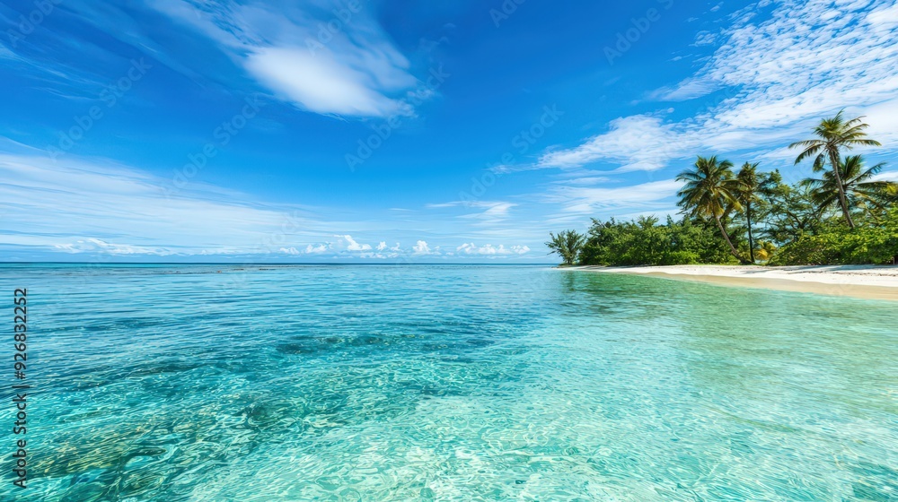 Fototapeta premium Idyllic Tropical Beach with Palm Trees and Turquoise Waters.