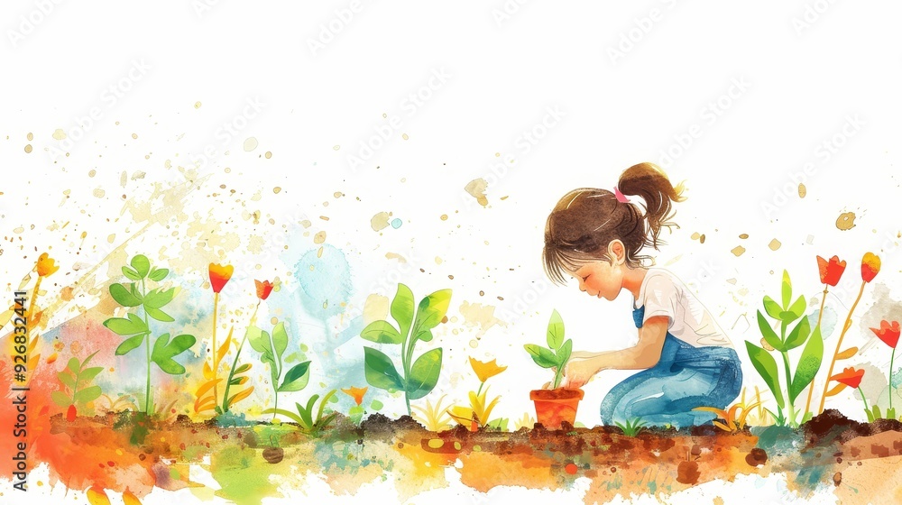 a Painting a Vibrant Mural style of A young child planting a flower, on a plain white background with copy space on the left side a Painting a Vibrant Mural style of A young child planting a flower, on a plain white background with copy space on the left side