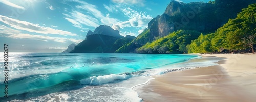 Turquoise Wave Crashing on Sandy Beach with Lush Green Cliffs