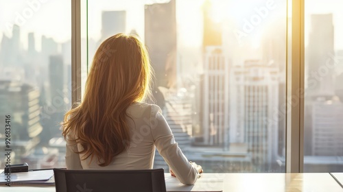 Businesswoman looking out window at cityscape. Free Download Businesswoman looking out window at cityscape. - GFXLoad