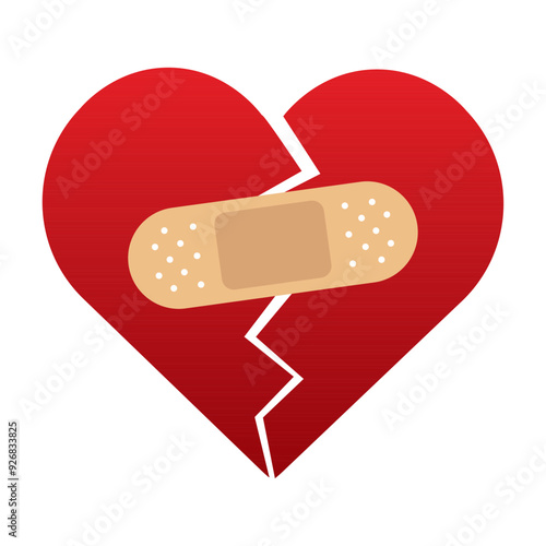 Red Heart broken to two pieces fixed with a plaster patch, vector illustration icon or logo, fixed broken heart concept, breakup or divorce, heartbreak regret, separated couple, tragic love.