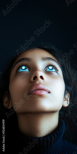 Hopeful person looking up with bright eyes