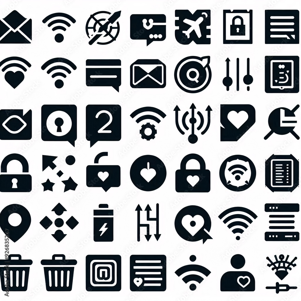 Grid of diverse black icons on white background. Generative AI Grid of diverse black icons on white background. Generative AI