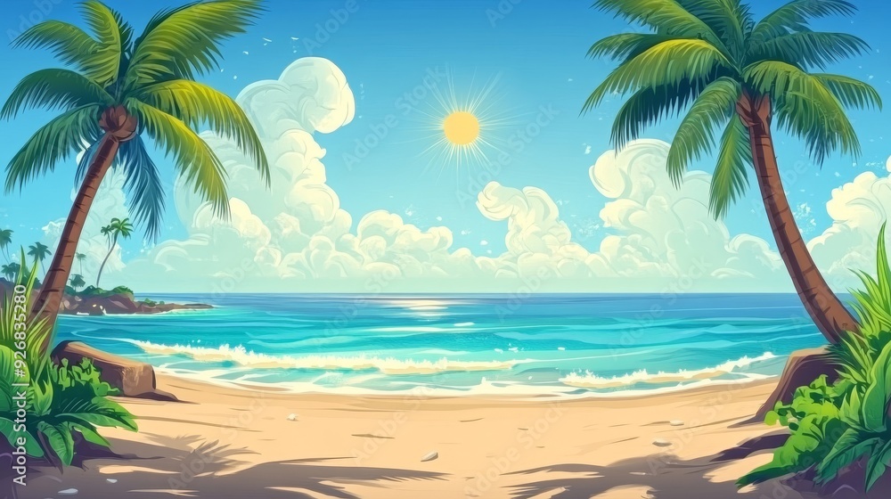 Naklejka premium A cartoon beach scene with palm trees and a sun 