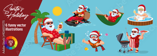 Funny illustrations of Santa Claus on holiday