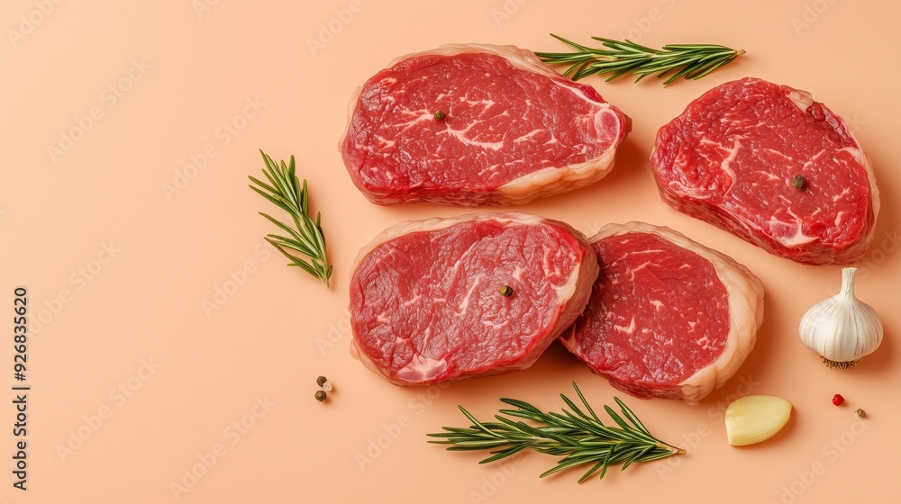 Fresh Ribeye Steaks with Garlic and Rosemary Garnish Fresh Ribeye Steaks with Garlic and Rosemary Garnish
