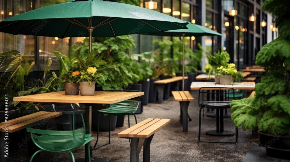 Fototapeta premium Outdoor Cafe Setting with Lush Greenery