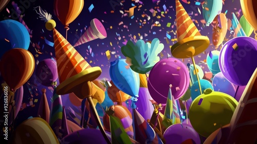 A cartoon New Yearâ€™s party scene with hats and noisemakers  photo