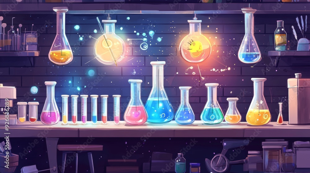 Colorful glass lab equipment filled with various liquids on a wooden table in a dimly lit laboratory Colorful glass lab equipment filled with various liquids on a wooden table in a dimly lit laboratory