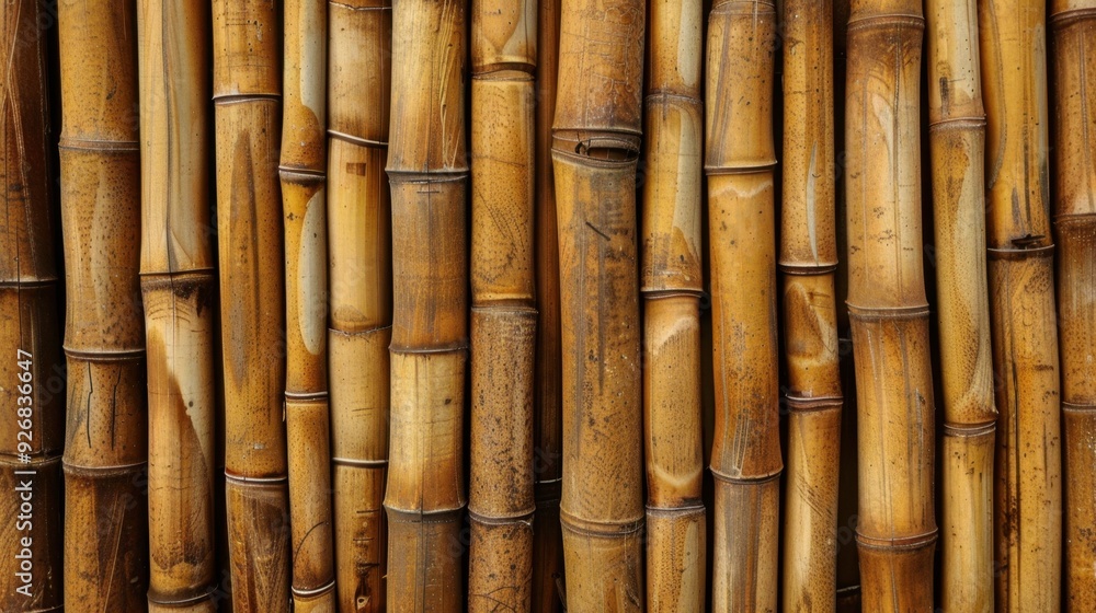 A bamboo wall made from neatly arranged stalks, perfect for a natural and rustic setting. A bamboo wall made from neatly arranged stalks, perfect for a natural and rustic setting.