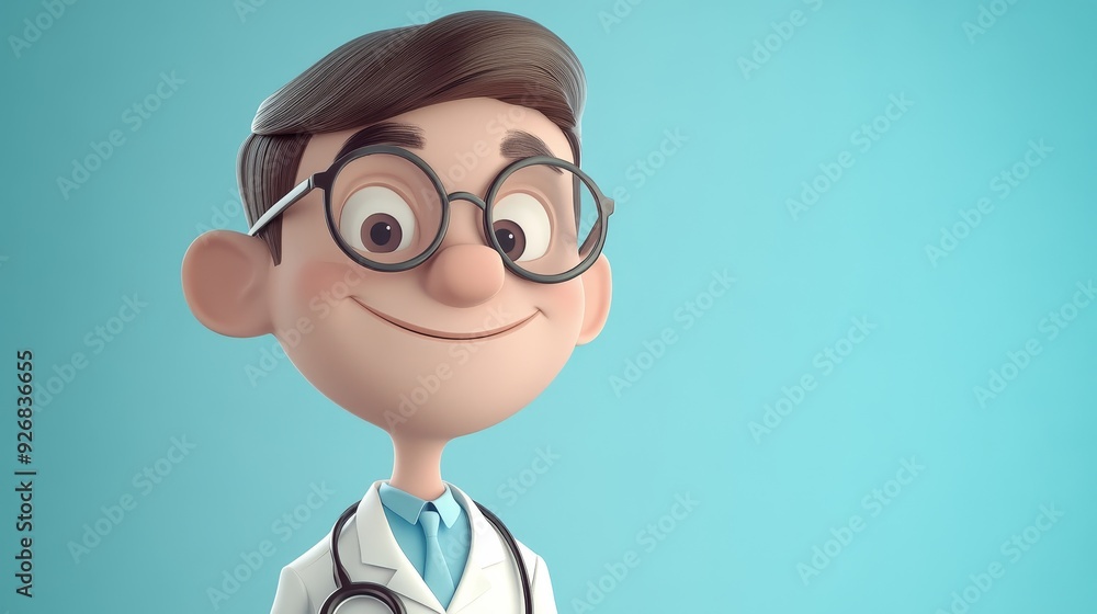 Cartoon character of a friendly doctor with glasses in a light blue background Cartoon character of a friendly doctor with glasses in a light blue background
