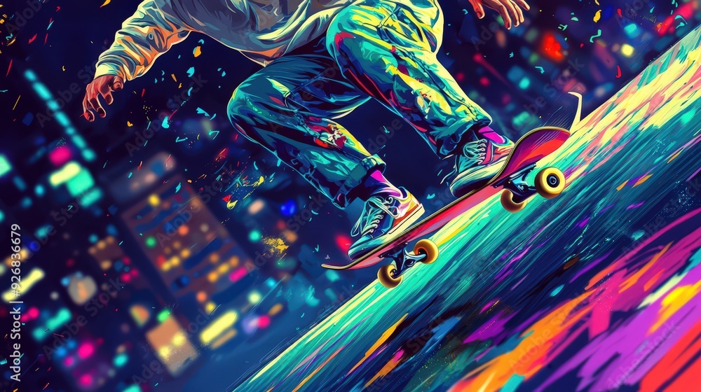 Skateboarding in the City at Night. Skateboarding in the City at Night.