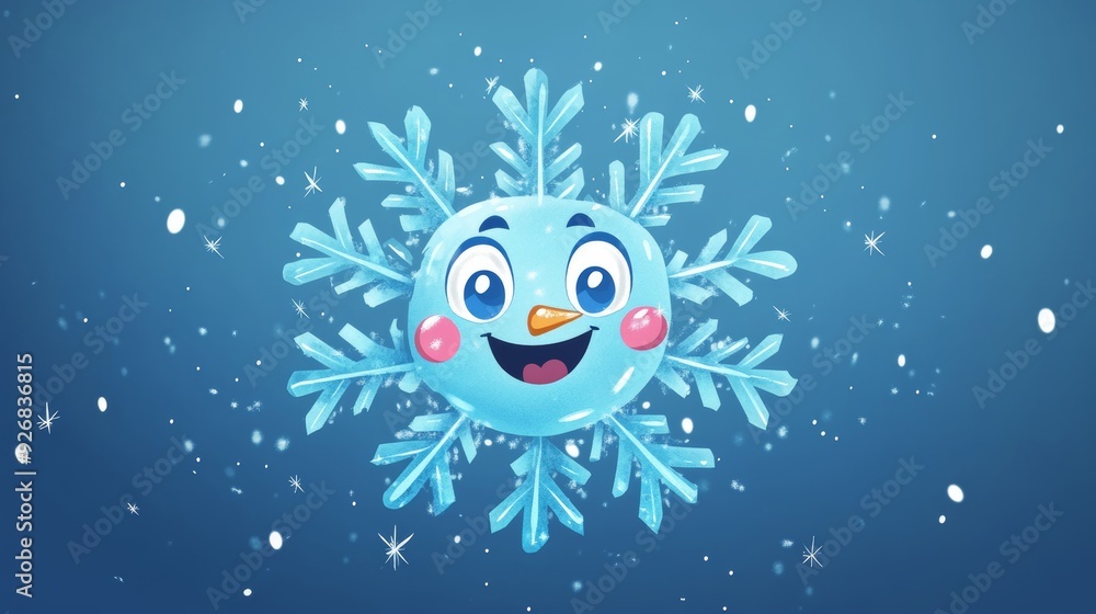 Fototapeta premium A cheerful cartoon snowflake with a sparkle effect