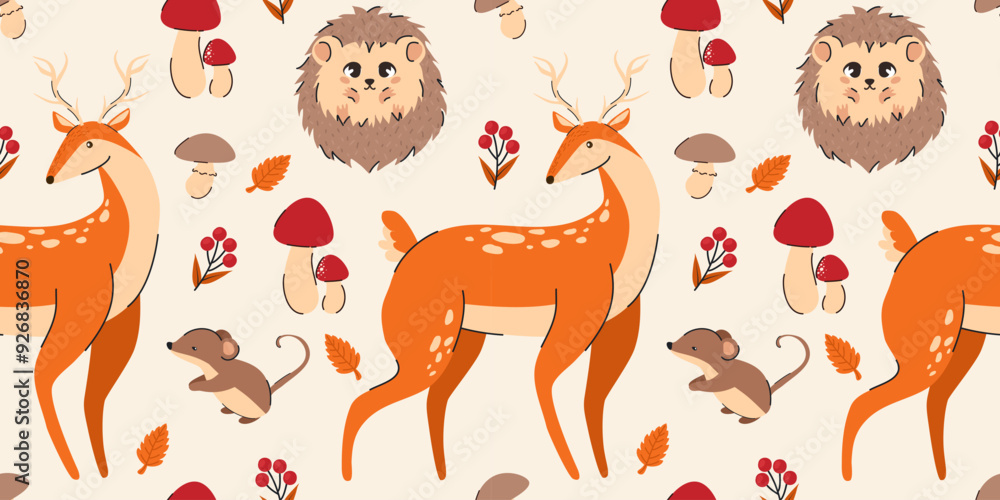 Obraz premium Autumn seamless pattern. Deer, hedgehog, mouse, mushrooms, autumn leaves. Flat vector illustration.