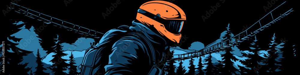Stylized graphic of a lone figure in an orange helmet exploring a dark, eerie forest at night with a bridge in the background Stylized graphic of a lone figure in an orange helmet exploring a dark, eerie forest at night with a bridge in the background