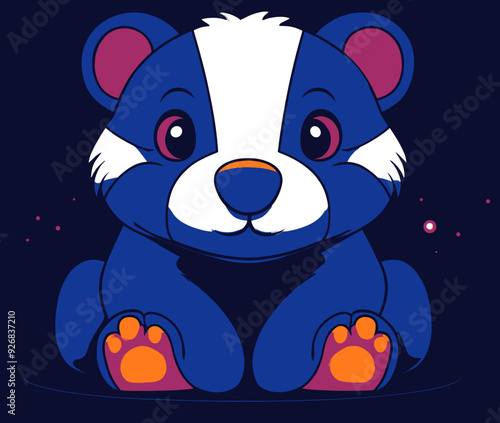 Adorable, cartoon-style blue and white panda bear with big eyes and orange paws, sitting contentedly against a dark background