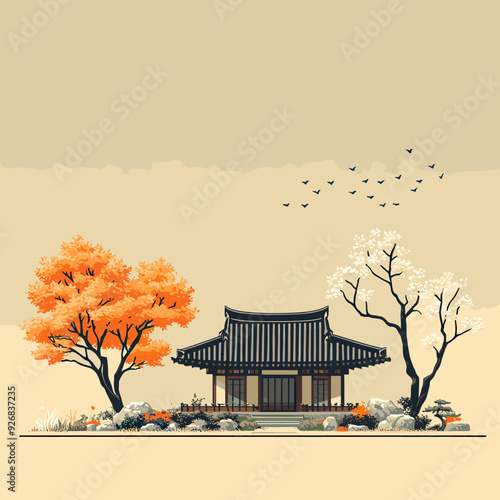 Serene traditional Korean pavilion set amidst autumn foliage and bare trees, with birds flying in a tranquil landscape illustration