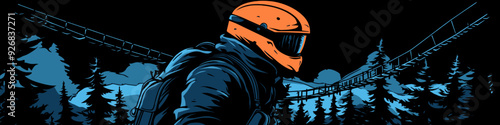 Stylized graphic of a lone figure in an orange helmet exploring a dark, eerie forest at night with a bridge in the background