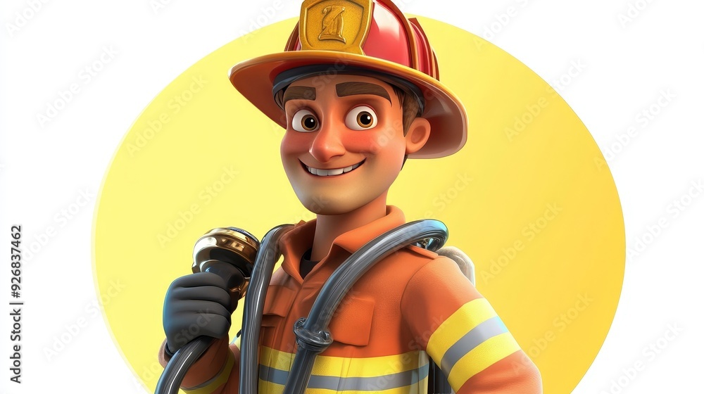 Animated firefighter wearing a helmet and holding a hose against a bright yellow background Animated firefighter wearing a helmet and holding a hose against a bright yellow background