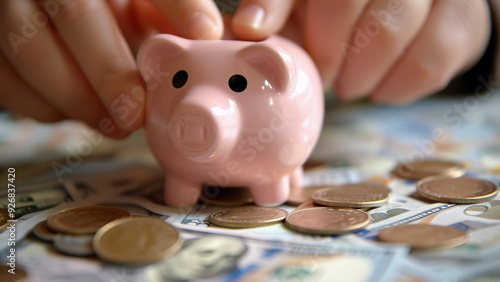 Piggy Bank and Coins, Saving Money Concept, Putting Money in Bank