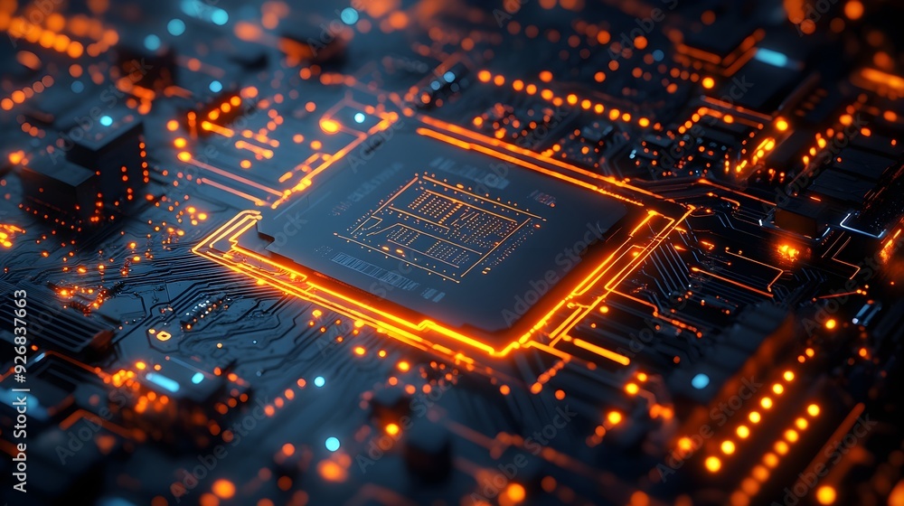 Glowing Circuit Board with Orange Lights - Technology Background Glowing Circuit Board with Orange Lights - Technology Background