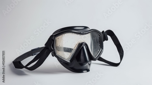 Black diving mask on white surface with glistening droplets, perfect for underwater exploration. Great for snorkeling and scuba diving, ensuring an exciting adventure