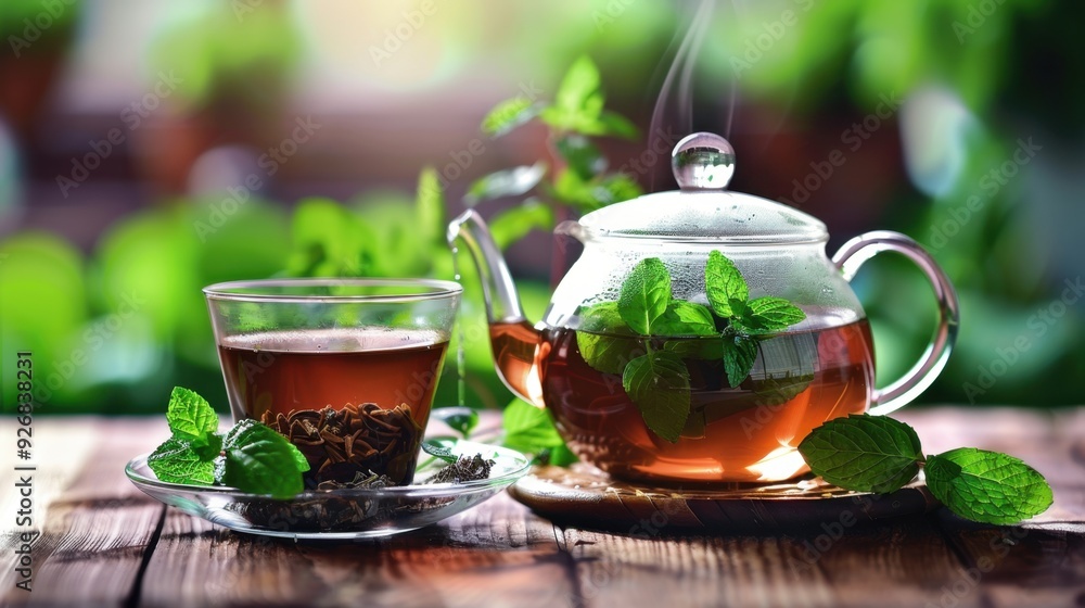 A cup of herbal tea with a teapot and fresh mint leaves, on a wooden surface. A cup of herbal tea with a teapot and fresh mint leaves, on a wooden surface.