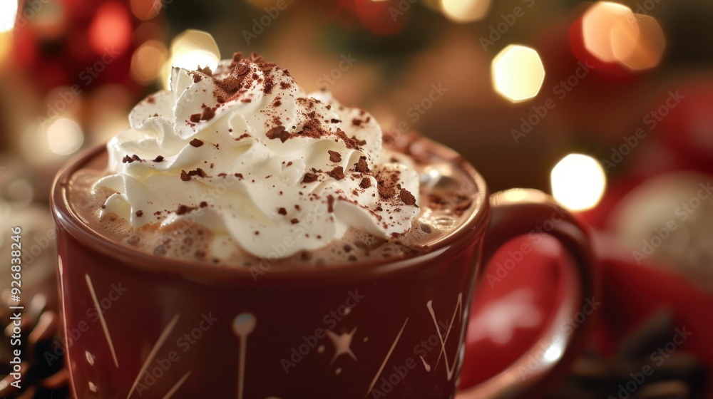 A cup of rich, dark hot chocolate with whipped cream and a sprinkle of cocoa powder, served in a festive mug. A cup of rich, dark hot chocolate with whipped cream and a sprinkle of cocoa powder, served in a festive mug.