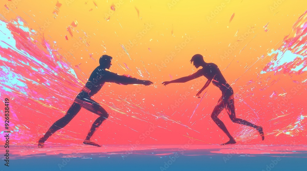 Naklejka premium Two Silhouettes Reaching Out in a Vibrant Abstract World.