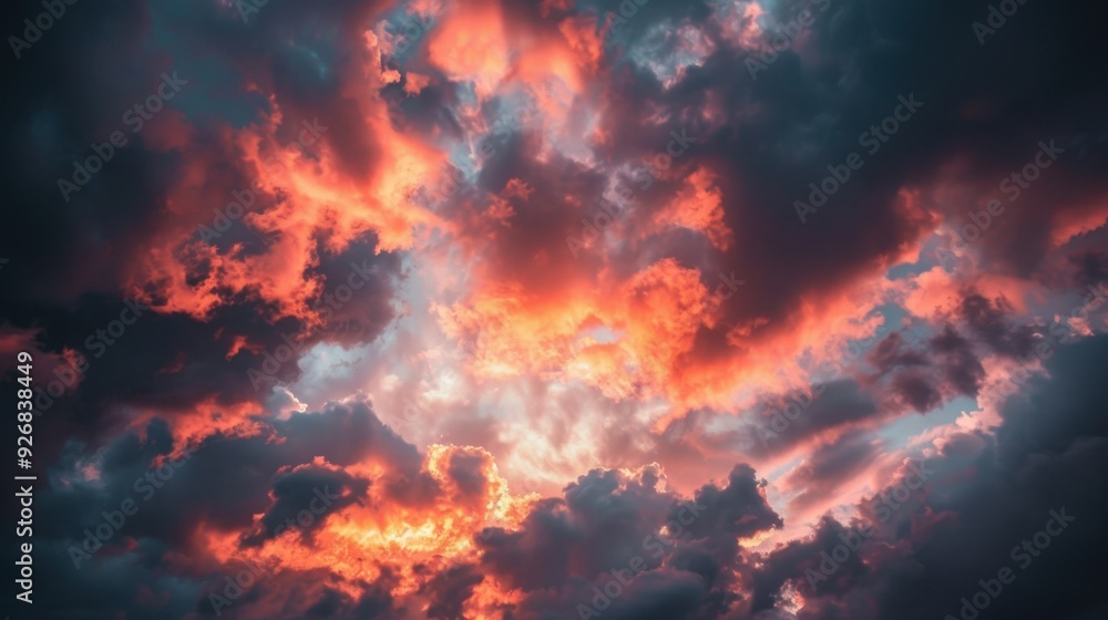 A dramatic sunset sky with clouds illuminated in shades of orange and pink. A dramatic sunset sky with clouds illuminated in shades of orange and pink.