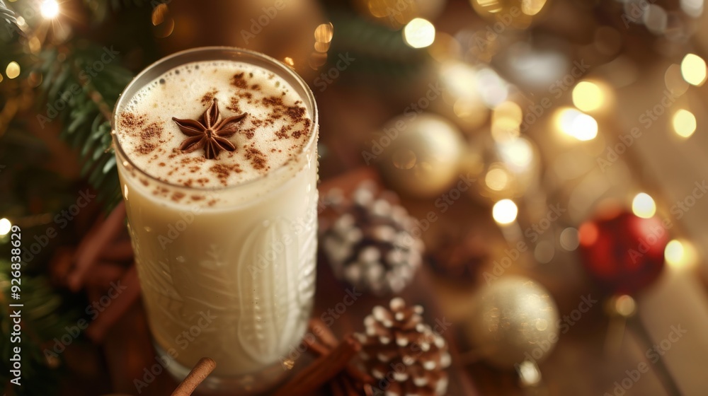 A frothy glass of eggnog with a sprinkle of cinnamon, served in a holiday-themed setting. A frothy glass of eggnog with a sprinkle of cinnamon, served in a holiday-themed setting.