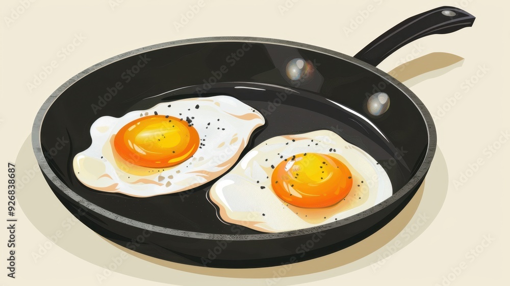 A frying pan with two sunny-side-up eggs cooking, yolks bright and golden. A frying pan with two sunny-side-up eggs cooking, yolks bright and golden.