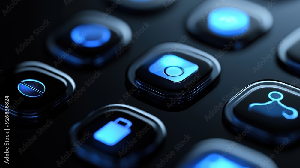 Abstract Blue Buttons on Black Background. Abstract Blue Buttons on Black Background.