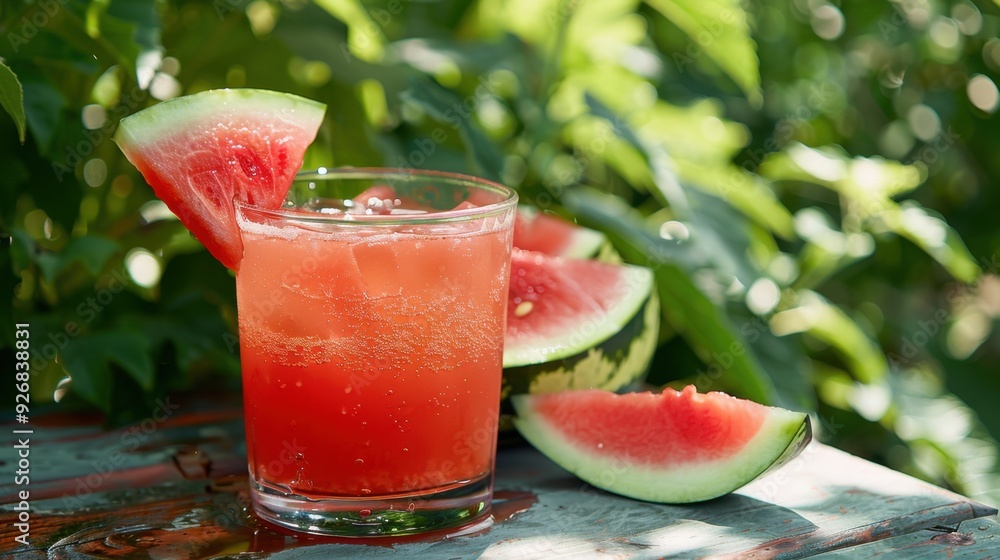 A glass of fresh watermelon juice with a slice of watermelon on the rim, served outdoors. A glass of fresh watermelon juice with a slice of watermelon on the rim, served outdoors.