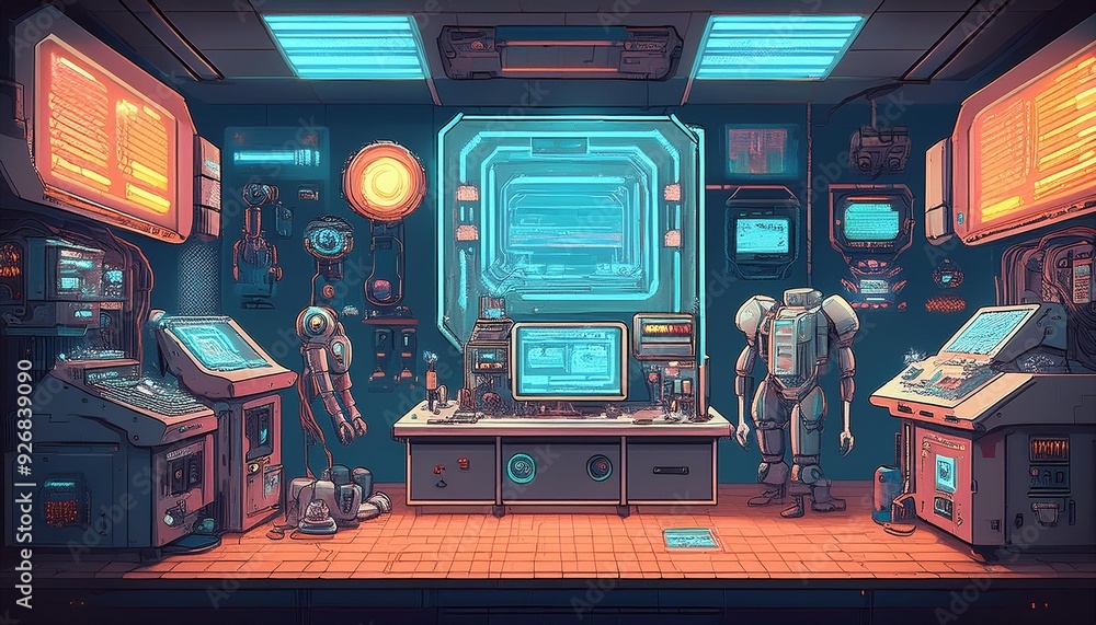 A retro pixel art sci-fi laboratory with futuristic equipment, glowing screens, and robotic assistants A retro pixel art sci-fi laboratory with futuristic equipment, glowing screens, and robotic assistants