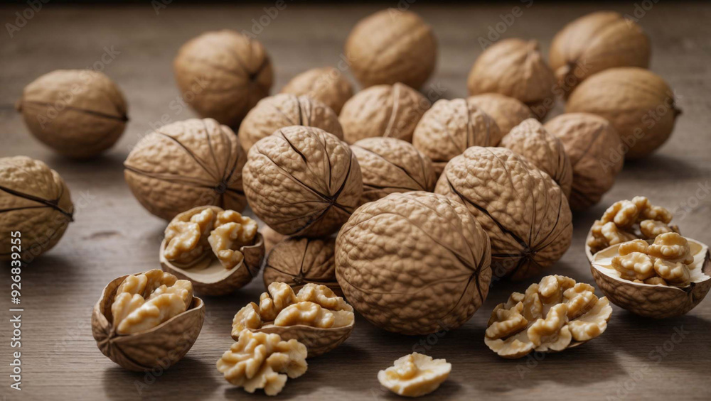 walnuts on a wooden table walnuts on a wooden table