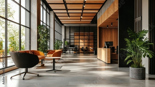 Modern Office Lobby with Wooden Features and Large Windows.