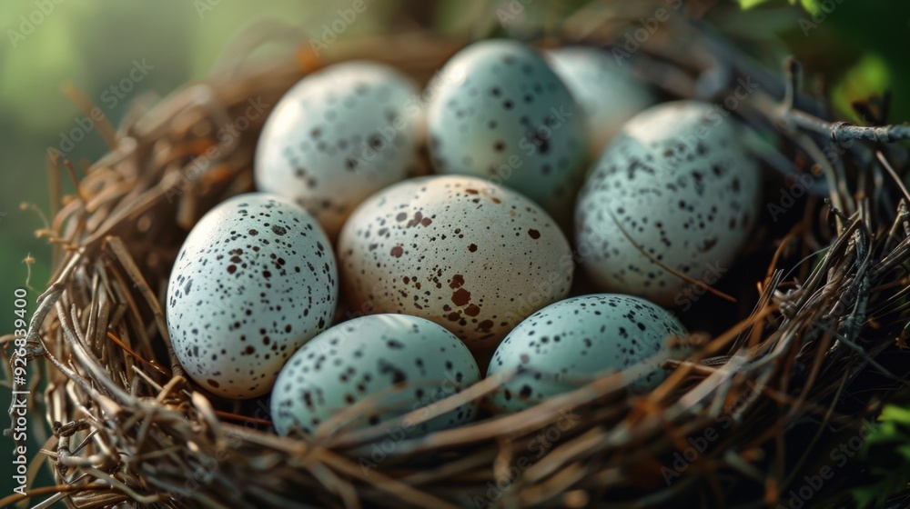 A nest filled with speckled eggs, with a close-up of the delicate patterns. A nest filled with speckled eggs, with a close-up of the delicate patterns.