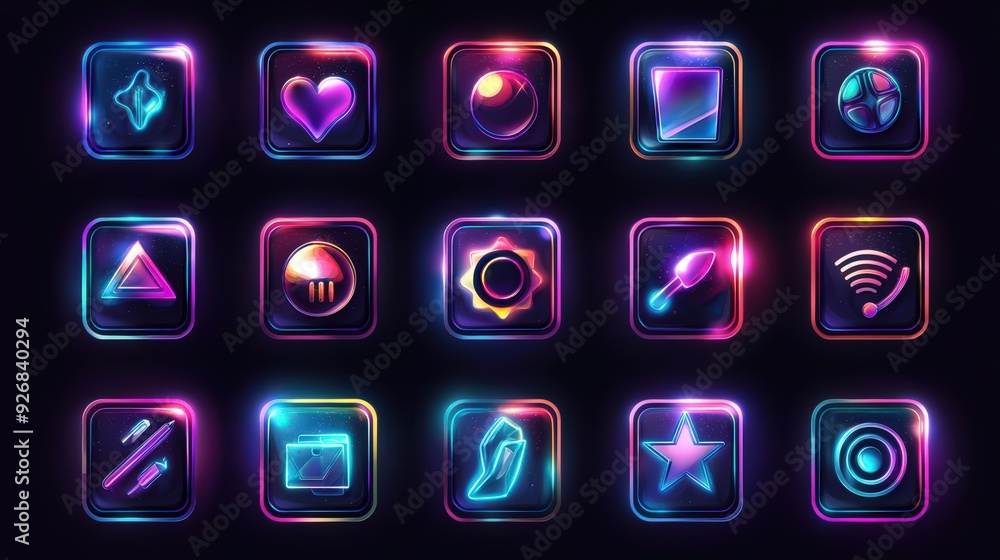 Neon Game Icons Set. Neon Game Icons Set.