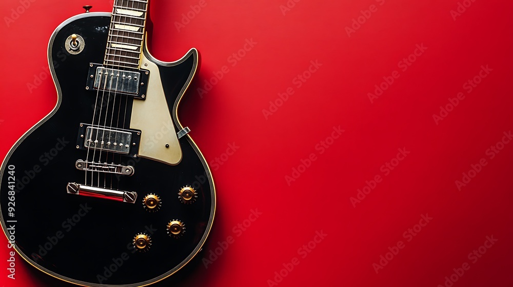 Black Electric Guitar on Red Background