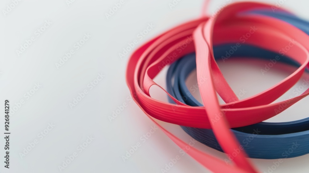 Abstract shapes created by red and blue plastic strings on a white background Abstract shapes created by red and blue plastic strings on a white background