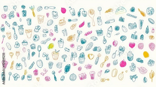 Colorful Hand Drawn Food and Drink Doodle Pattern.
