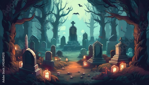 A mysterious, foggy cemetery with blocky tombstones and isolated ghosts, in 8-bit style