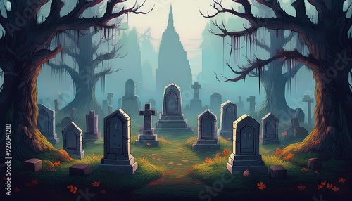 A mysterious, foggy cemetery with blocky tombstones and isolated ghosts, in 8-bit style photo