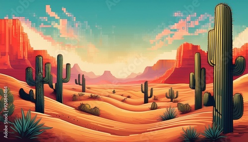 An exciting desert with blocky sand dunes and isolated cacti, in a retro pixel look photo