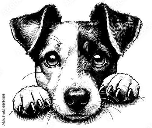 Hand drawn cute peeking Jack Russell, vector sketch isolated on transparent background.	