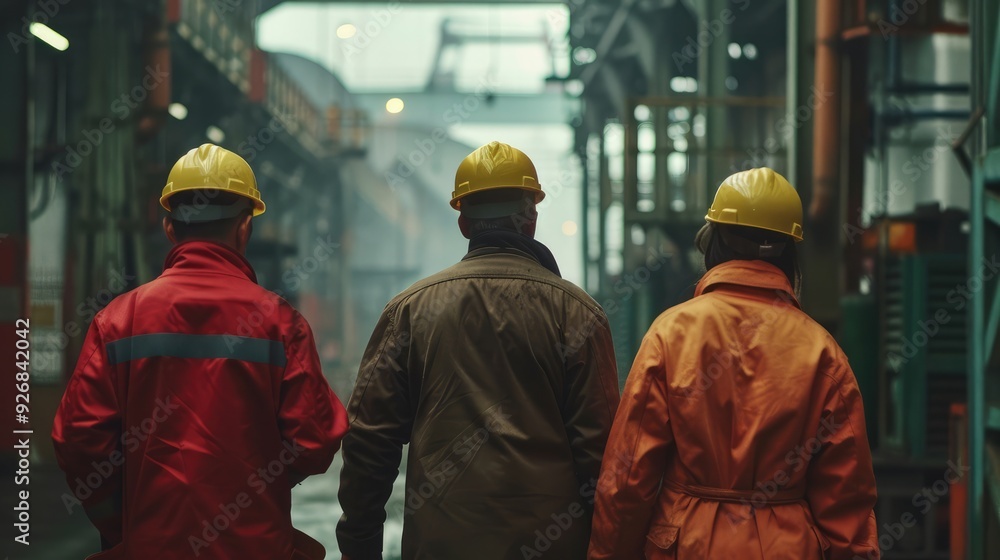 Rear view of 4 heavy industry technicians in uniforms and helmets discussing manufacturing processes. Walking at the production factory Rear view of 4 heavy industry technicians in uniforms and helmets discussing manufacturing processes. Walking at the production factory