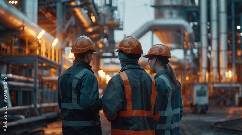 Rear view of 4 heavy industry technicians in uniforms and helmets discussing manufacturing processes. Walking at the production factory Rear view of 4 heavy industry technicians in uniforms and helmets discussing manufacturing processes. Walking at the production factory