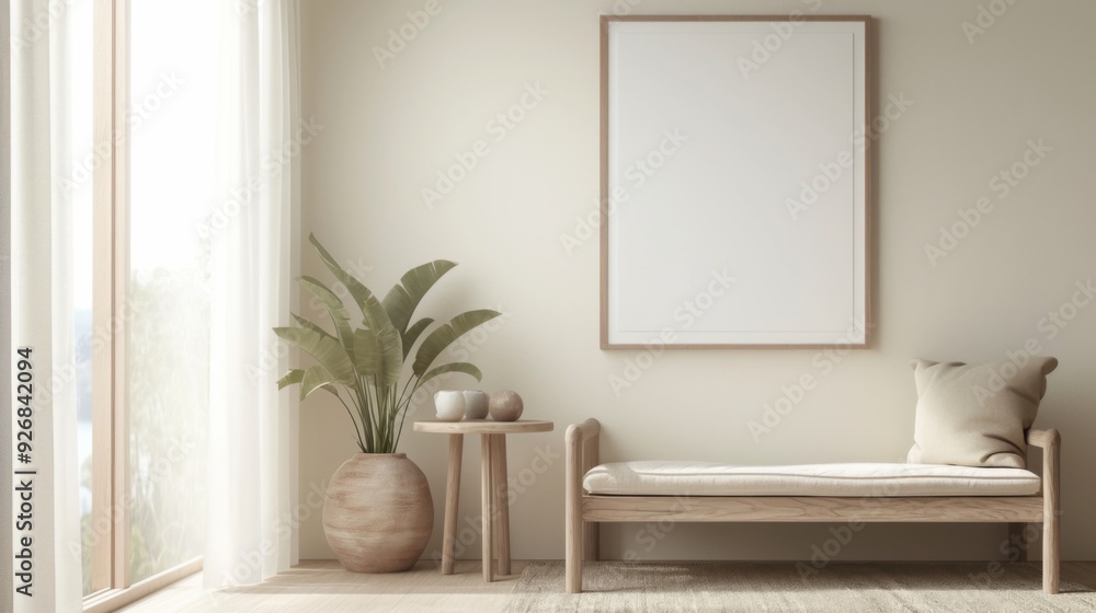 Mockup Frame in White Room with Natural Wooden Table and Decor Mockup Frame in White Room with Natural Wooden Table and Decor